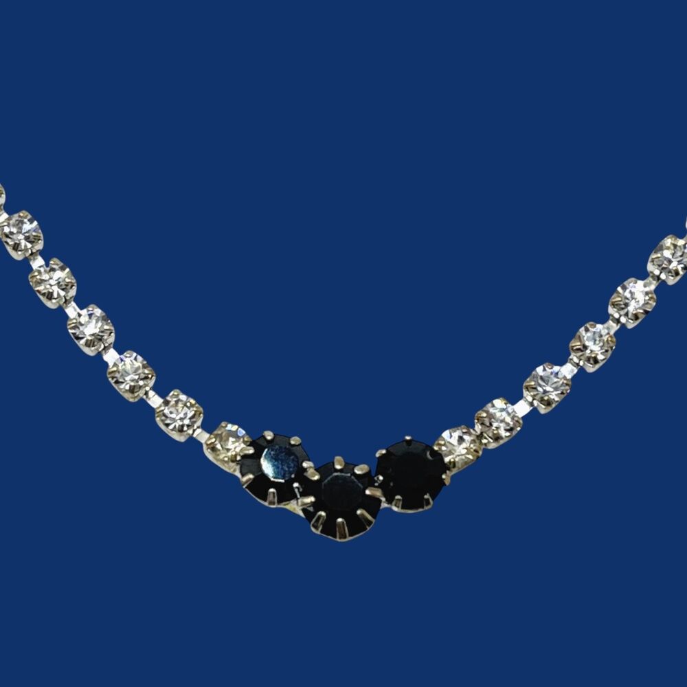 Vintage Necklace Black White Rhinestone Silver Tone Evening Elegant  17" Tennis